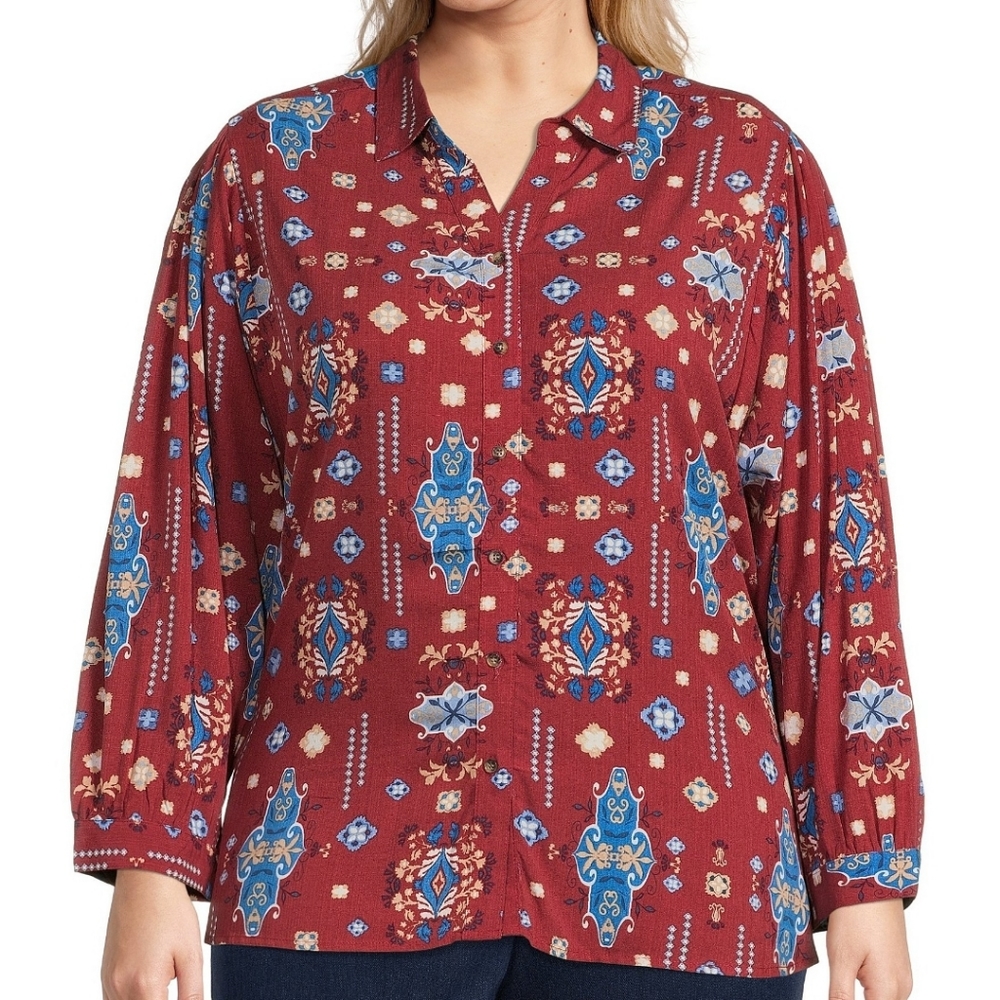 Point Collar Long Sleeve Button Front Printed Top